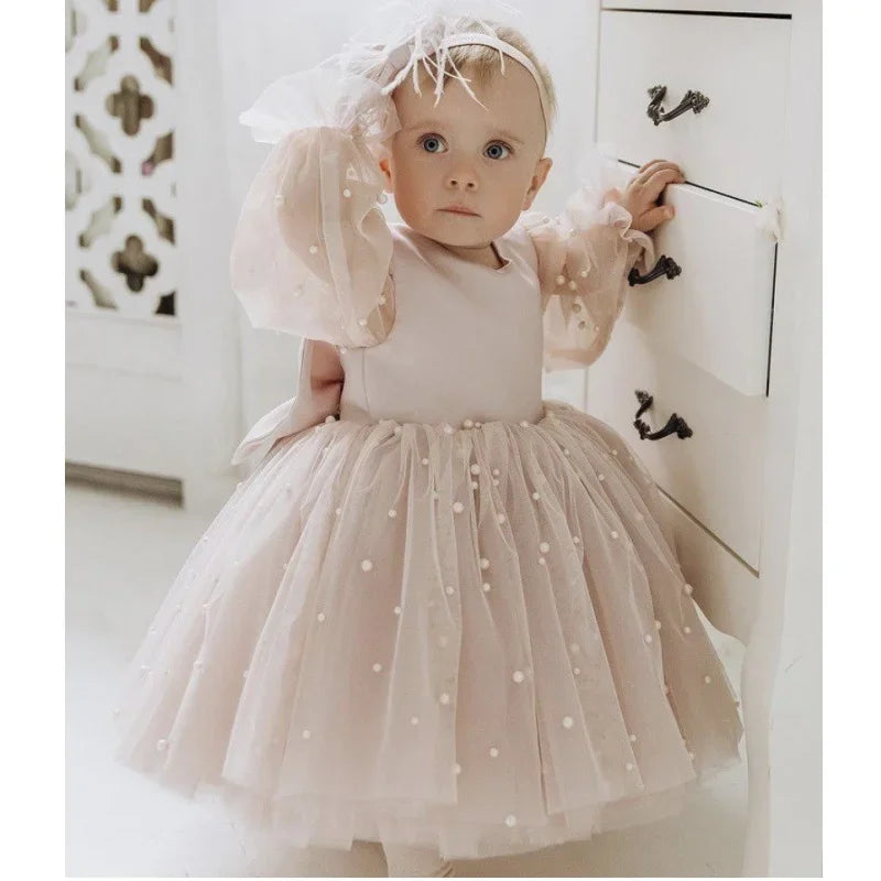 Vestidos de primera comunión para fiesta de cumpleaños, vestidos de niña de las flores de tul azul con perlas abullonadas y lazo, manga larga para boda 
