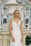 Vestido de novia cruzado con abertura frontal, vestido de novia con tirantes finos, vestido de novia de crepé con escote en V, vestidos de novia sencillos de satén blanco 