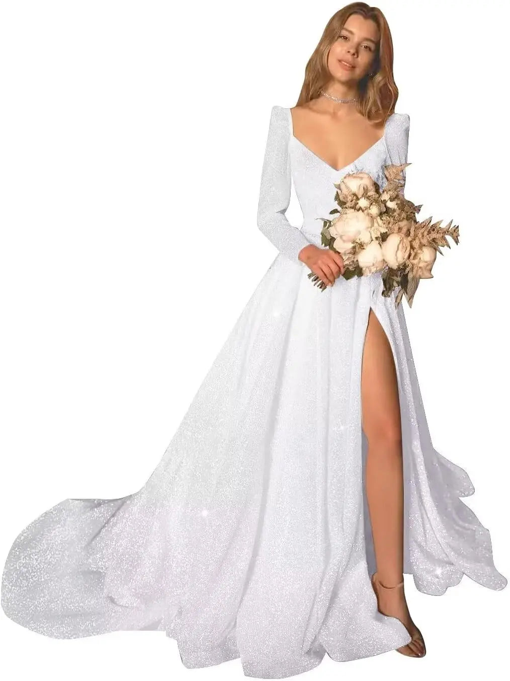 Glitter Prom Dresses Simple Long Sleeve Wedding Dresses for Bride A Line Princess Ball Gown with Slit simple wedding dress