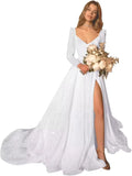 Glitter Prom Dresses Simple Long Sleeve Wedding Dresses for Bride A Line Princess Ball Gown with Slit simple wedding dress