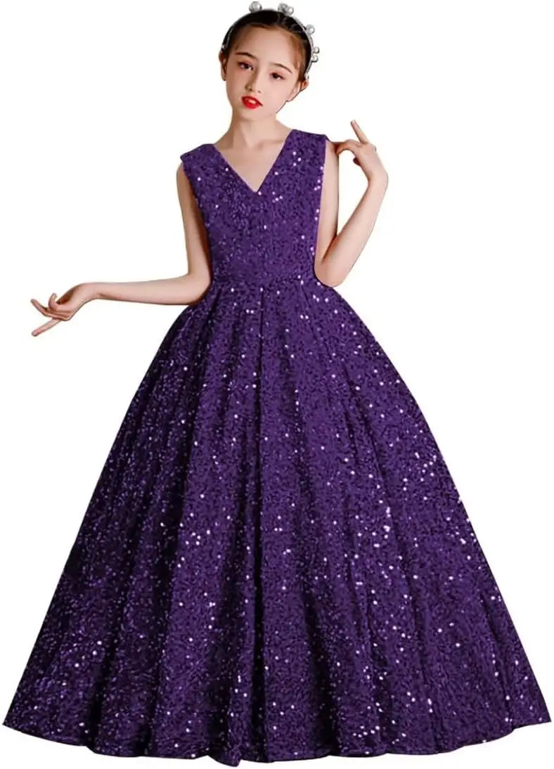 Vestidos de desfile con lentejuelas y cuello en V para niñas, vestidos de baile brillantes para niñas de las flores, vestidos de princesa para niñas pequeñas, vestido de comunión 