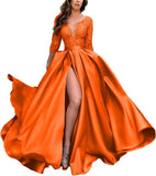 Deep V-Neck Satin Prom Dress for Women, 3/4 Sleeve Formal Evening Gown with Pockets, Elegant Party Dress