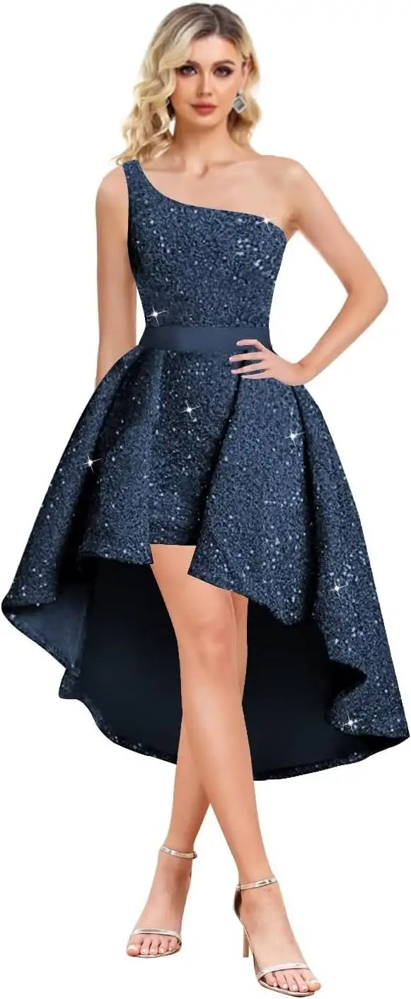 High Low One Shoulder Sequin Homecoming Dresses Short Prom Dresses Sparkly A Line Cocktail Midi Dress graduation dress