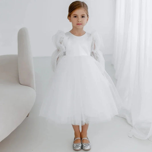 Vestido de princesa para niña de las flores, de tul blanco, con mangas largas abullonadas, para bodas, fiestas de cumpleaños, banquetes, comuniones. 