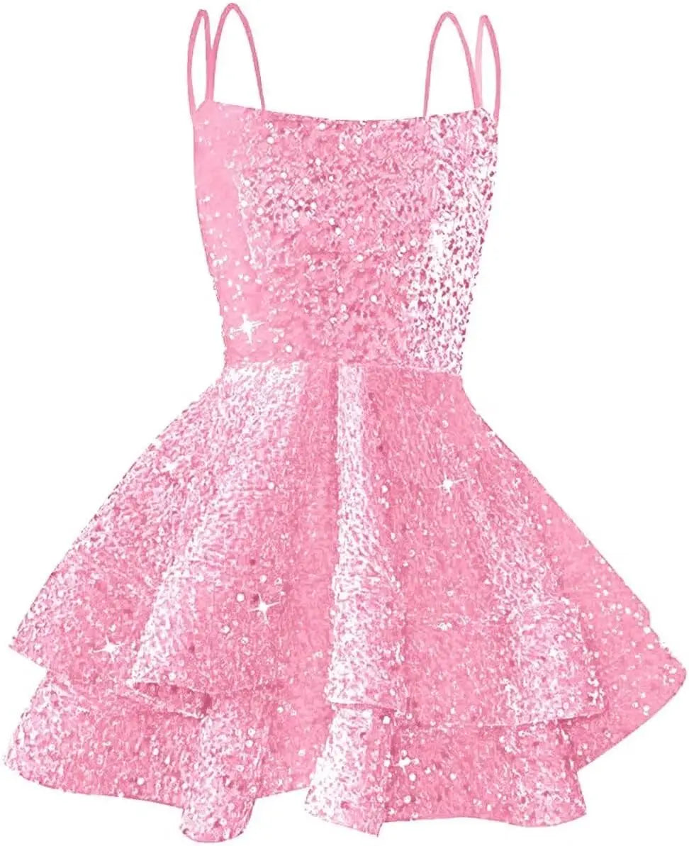 Hübsches, funkelndes Pailletten-Heimkehrkleid für Teenager, kurzes, gestuftes Ballkleid mit quadratischem Ausschnitt und A-Linie, Cocktail-Club-Partykleid 