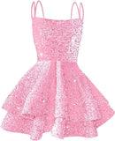 Hübsches, funkelndes Pailletten-Heimkehrkleid für Teenager, kurzes, gestuftes Ballkleid mit quadratischem Ausschnitt und A-Linie, Cocktail-Club-Partykleid 