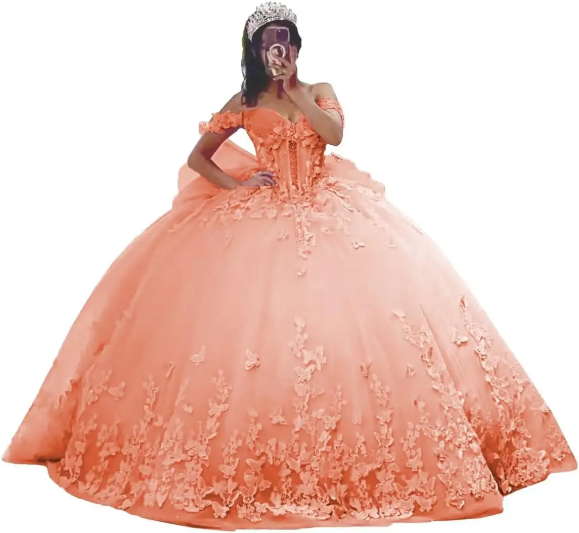 3D Butterfly Quinceanera Dresses Ball Gown Off Shoulder Sweet 15 16 Dresses Sparkly Tulle Beaded Party Gown party dress