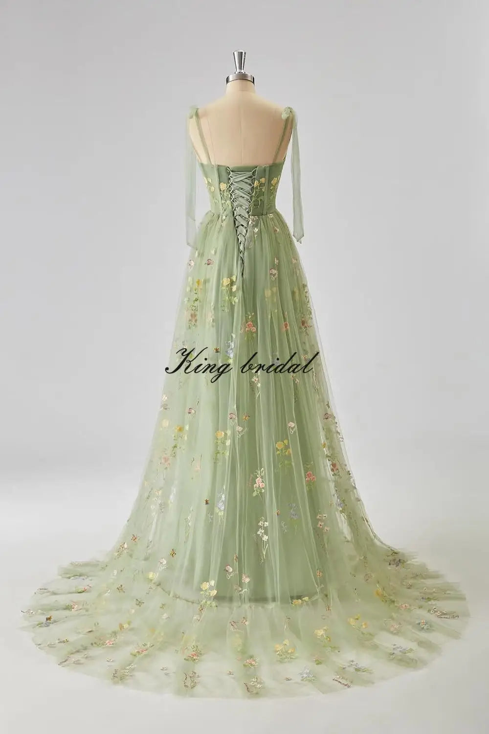 Women's Flower Embroidery Tulle Prom Dresses Corset Long Spaghetti Strap Fairy Ruched Formal Evening Party Gowns Bridesmaid Gown
