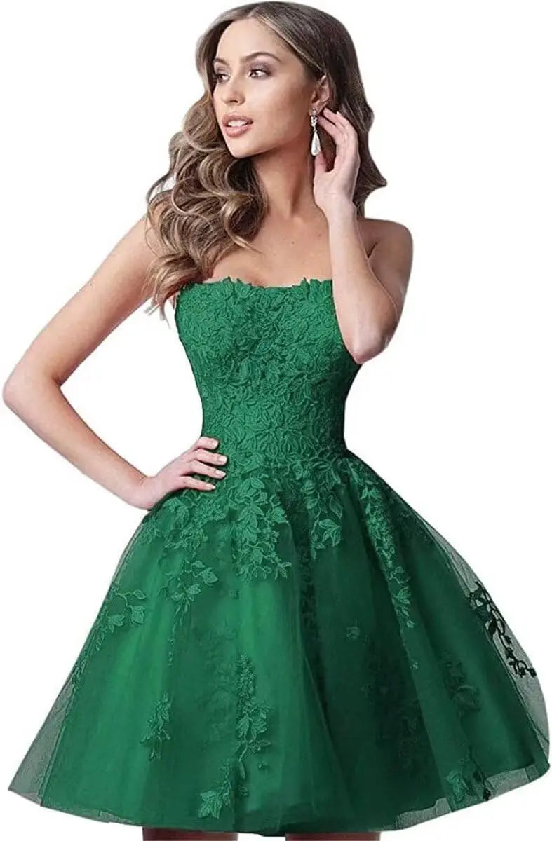 Spitzen-Heimkehrkleider, kurz, A-Linie, trägerlos, formelle Cocktailparty-Kleider, Abschlussballkleid, Ballkleider, Minikleid 