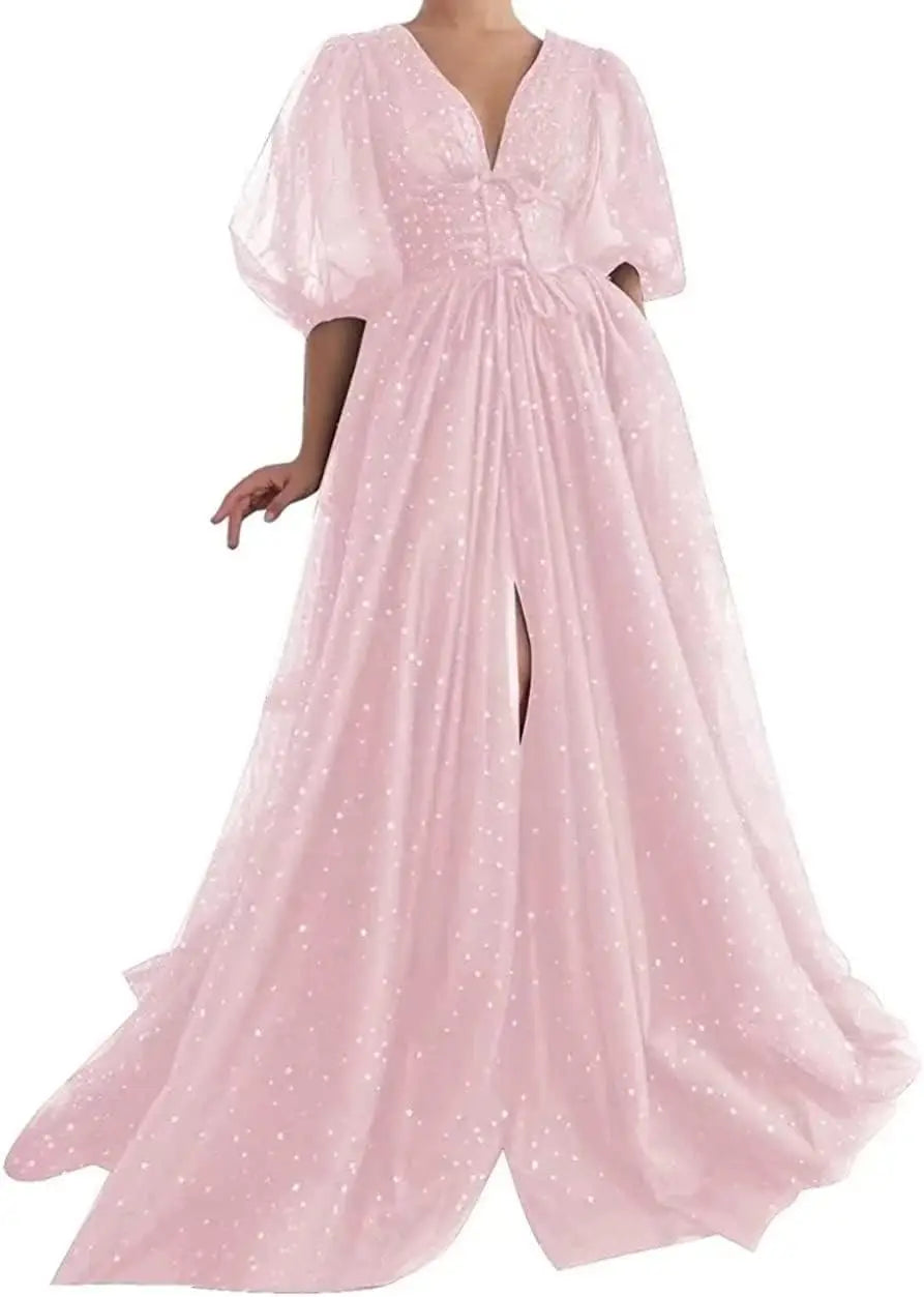 Vestidos de fiesta formales de noche largos de talla grande con mangas abullonadas de tul estrellado brillante para mujer con abertura 