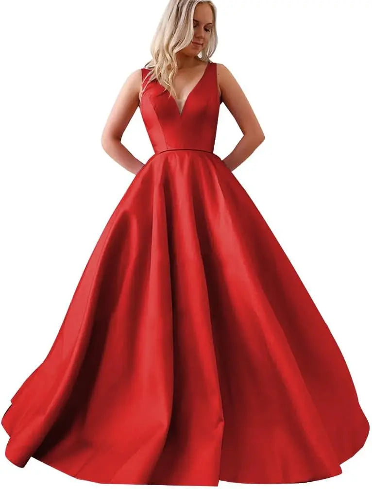 Satin A Line Wedding Dresses for Bride V Neck Prom Dresses with Pockets Simple Long Ball Gowns