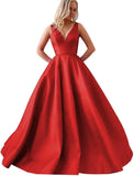 Satin A Line Wedding Dresses for Bride V Neck Prom Dresses with Pockets Simple Long Ball Gowns
