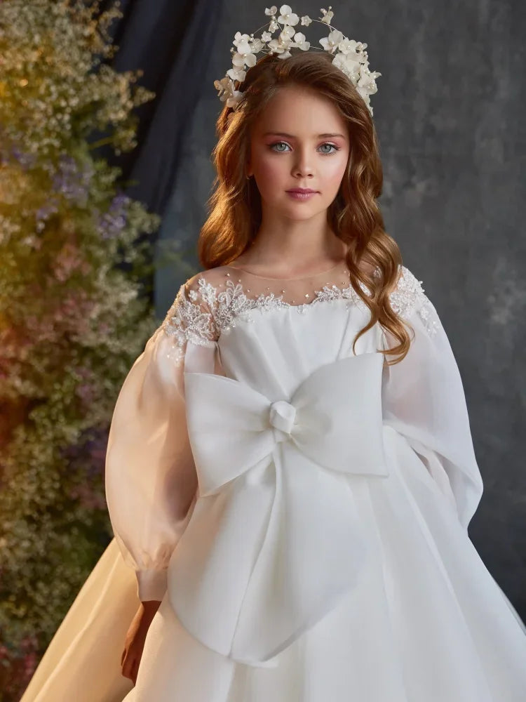 Apliques de satén blanco con cuentas de pedrería, lazo grande, manga larga para bodas, cumpleaños, banquetes, vestidos de princesa, vestidos de niña de las flores 