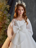 Apliques de satén blanco con cuentas de pedrería, lazo grande, manga larga para bodas, cumpleaños, banquetes, vestidos de princesa, vestidos de niña de las flores 