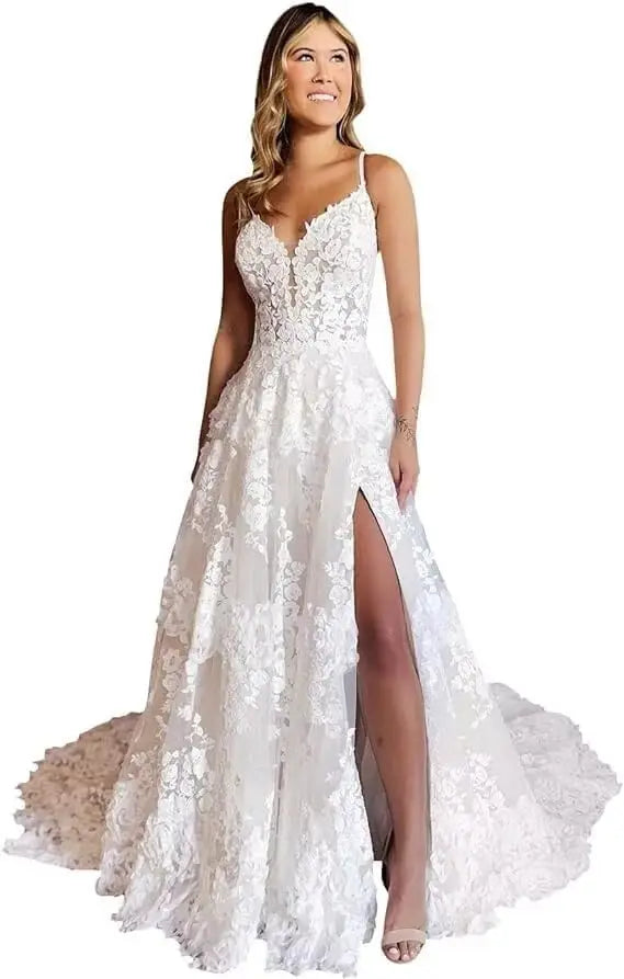 Vestidos de novia elegantes de encaje para playa, con mangas, apliques de tul y satén, talla grande, 2025 