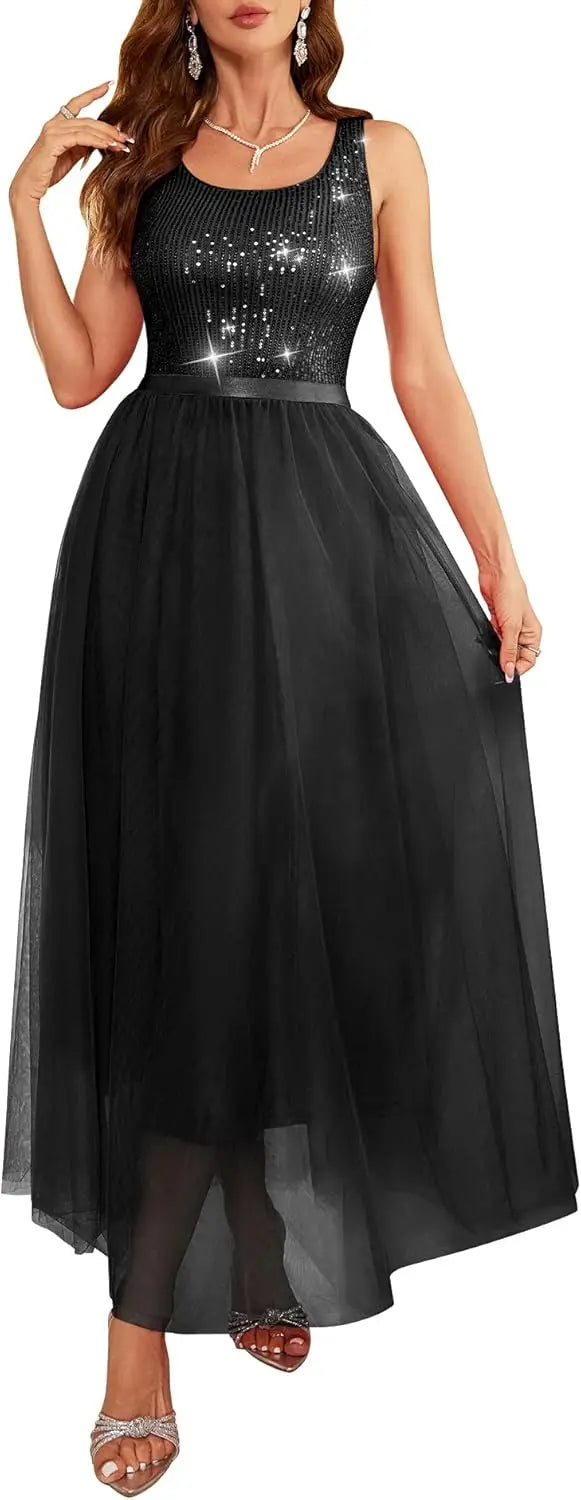 Sequin Dress for Woman Vintage A Line Wedding Formal Swing Mesh Prom Dress Sleeveless Cocktail Maxi Gowns