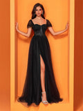 Elegant Short Sleeve Tulle Slit Evening Dresses 2027 Women Long Luxury Mermaid Formal Bridesmaid Party Maxi Prom Graduation Gown