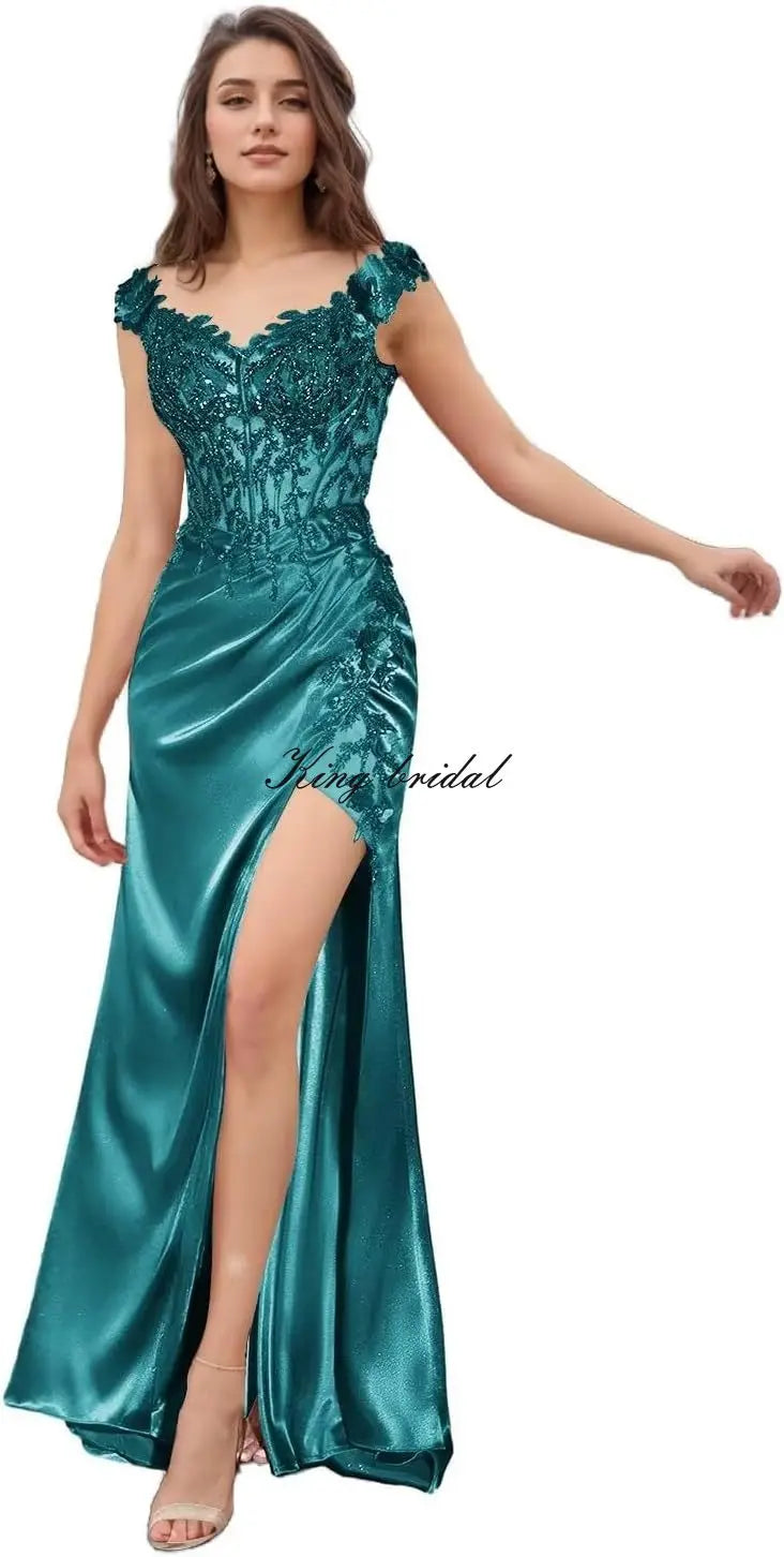 Elegant Satin Prom Dresses for Women Long 2025 3D Flower Lace Applique Off Shoulder Formal Evening Wedding Party Gown with Slit