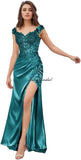 Elegant Satin Prom Dresses for Women Long 2025 3D Flower Lace Applique Off Shoulder Formal Evening Wedding Party Gown with Slit