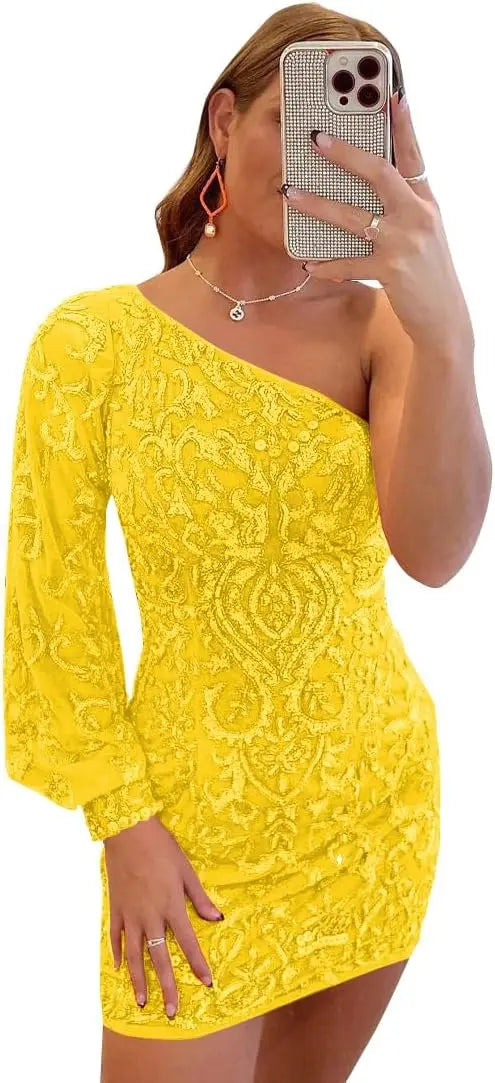 Vestidos de fiesta de encaje con lentejuelas brillantes para adolescentes, mangas abullonadas, un hombro, minivestido de cóctel para graduación, vestidos de noche 