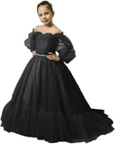 Vestidos de niña de las flores con mangas abullonadas para boda, vestidos de desfile de tul con hombros descubiertos, vestido de línea A para niña pequeña con cinturón, vestido para niña bebé 