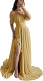 Elegantes schulterfreies Chiffon-Ballkleid für Brautjungfern mit Schlitz, lang, A-Linie, plissierte Rüschen, formelles Abendkleid für Damen 