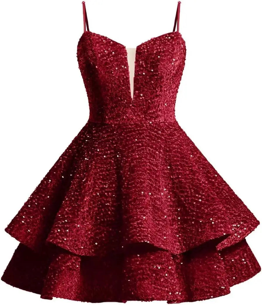 Vestidos de fiesta cortos con lentejuelas brillantes para adolescentes, de Pretty Girls Club, 2025, con tirantes finos, minivestido de cóctel formal con capas 