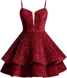 Vestidos de fiesta cortos con lentejuelas brillantes para adolescentes, de Pretty Girls Club, 2025, con tirantes finos, minivestido de cóctel formal con capas 