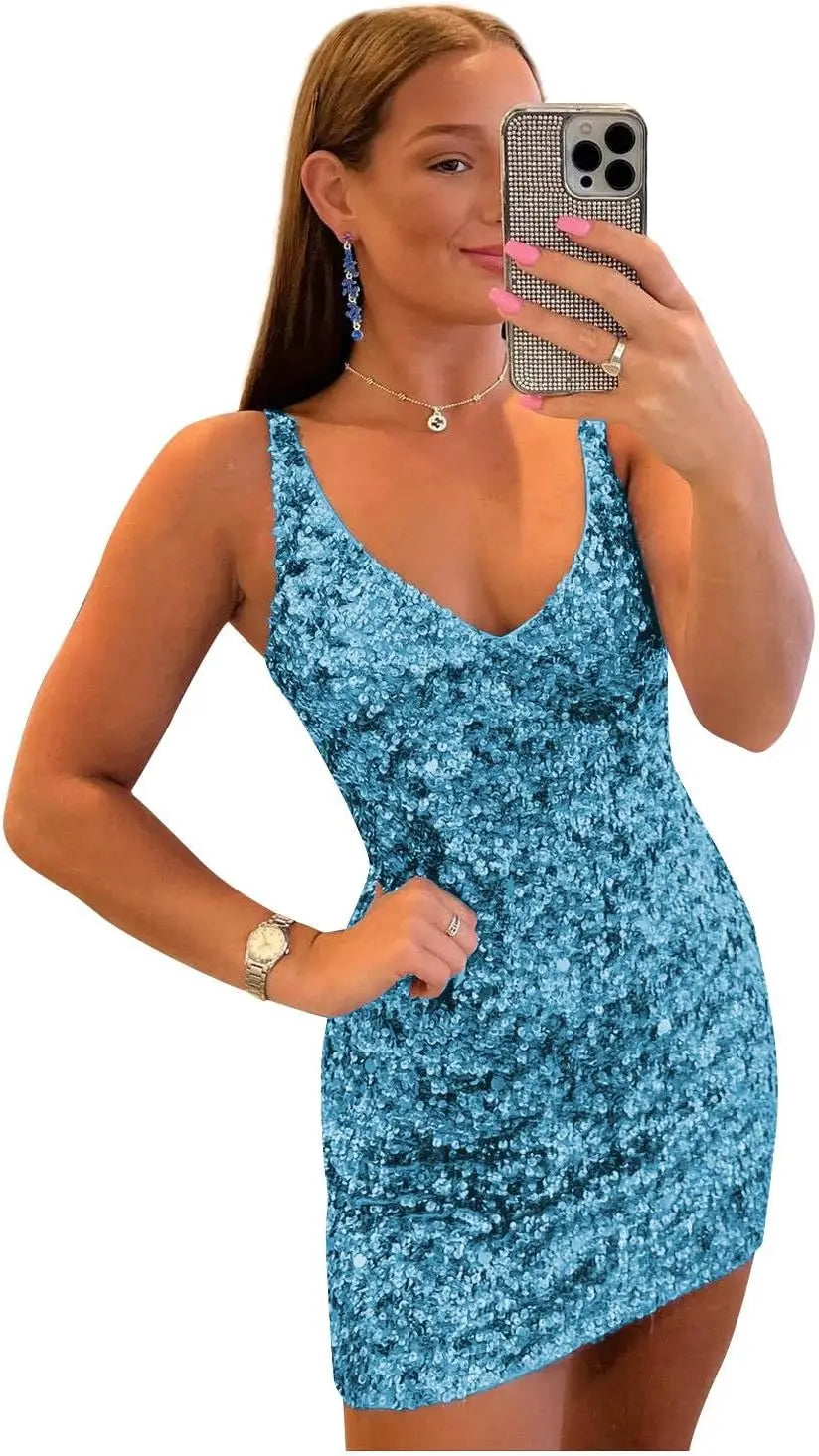 Kurze Pailletten-Heimkehrkleider für Teenager 2025 V-Ausschnitt funkelndes formelles Abschlussball-Partykleid Cocktailkleider Abschlussballkleider 