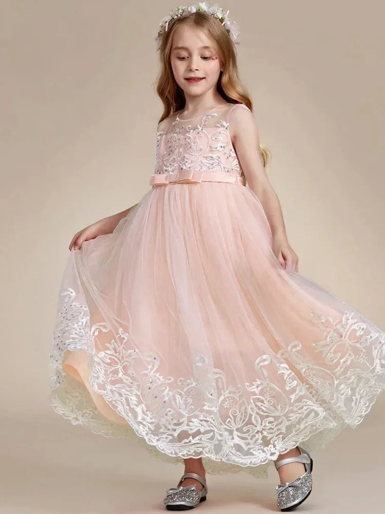 Pink Sequin White Appliques With Bow Sleeveless For Wedding Birthday Party Holy Communion Gowns Flower Girl Dresses