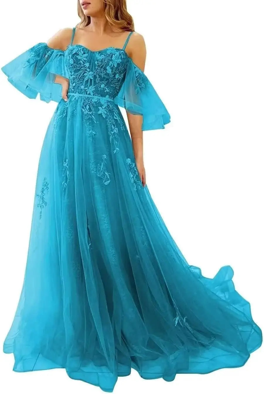 Lace Applique Tulle Prom Dresses Off Shoulder Puffy Sleeves Wedding Dress Long Women Sweetheart A Line Evening Gowns