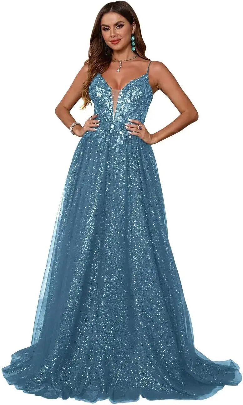 Glitzerndes Tüll-Ballkleid für Damen, Spaghettiträger, tiefer V-Ausschnitt, Spitzenapplikationen, Ballkleid, langes A-Linien-Abendkleid 