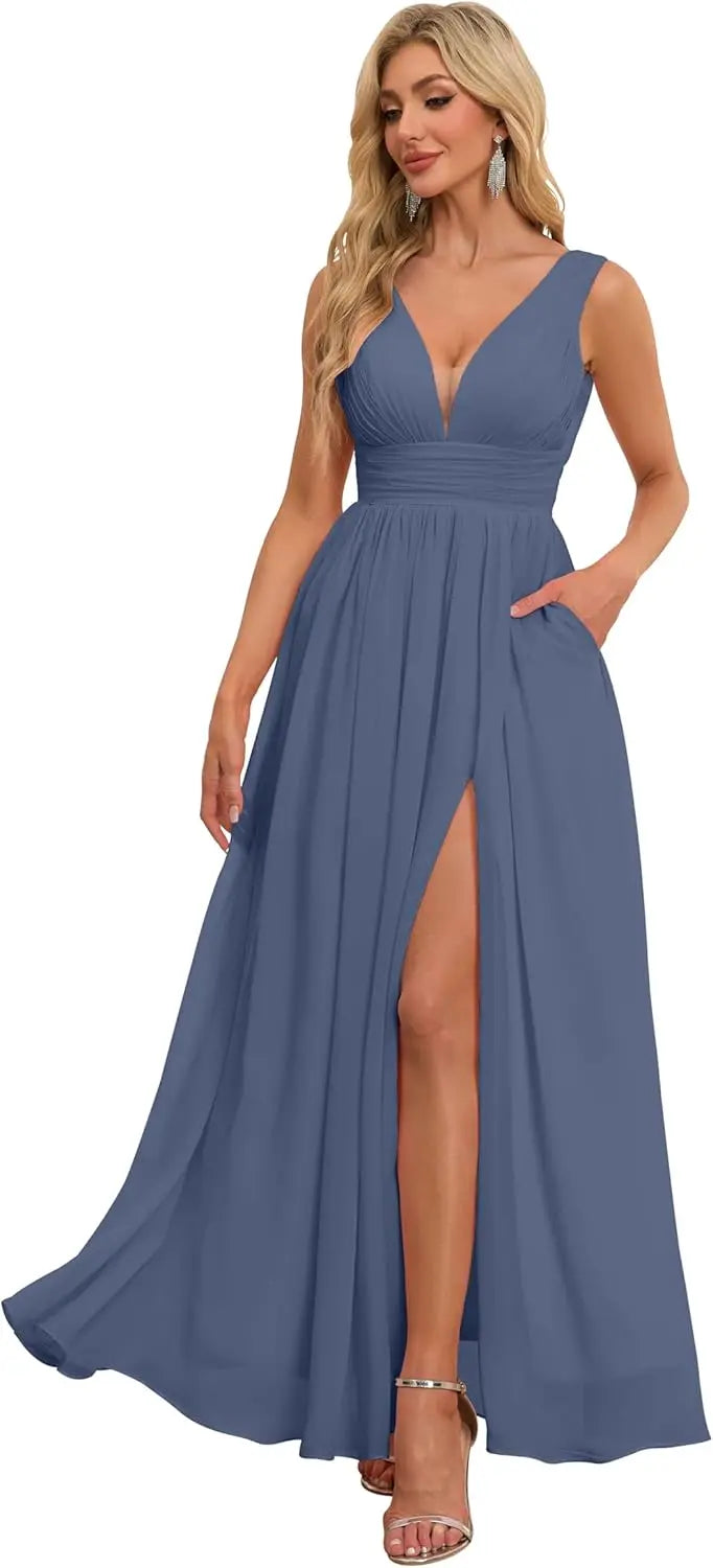 Vestidos de dama de honor con abertura y escote en V, vestidos de fiesta, línea A, plisados, para invitada de boda con bolsillos 