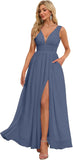Vestidos de dama de honor con abertura y escote en V, vestidos de fiesta, línea A, plisados, para invitada de boda con bolsillos 