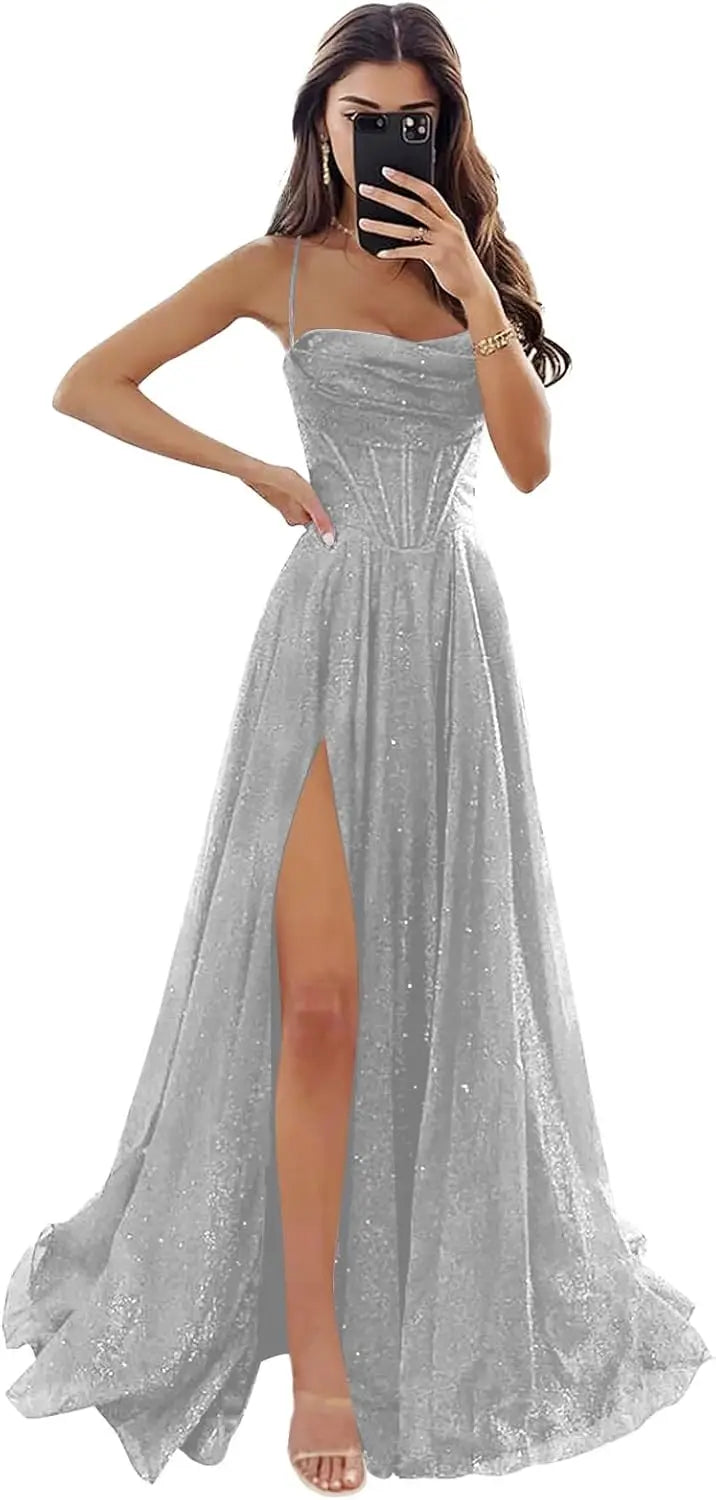 Damen Spaghettiträger Glitzer Tüll Ballkleider mit Schlitz Wasserfallausschnitt Langes formelles Abendkleid Partykleid 
