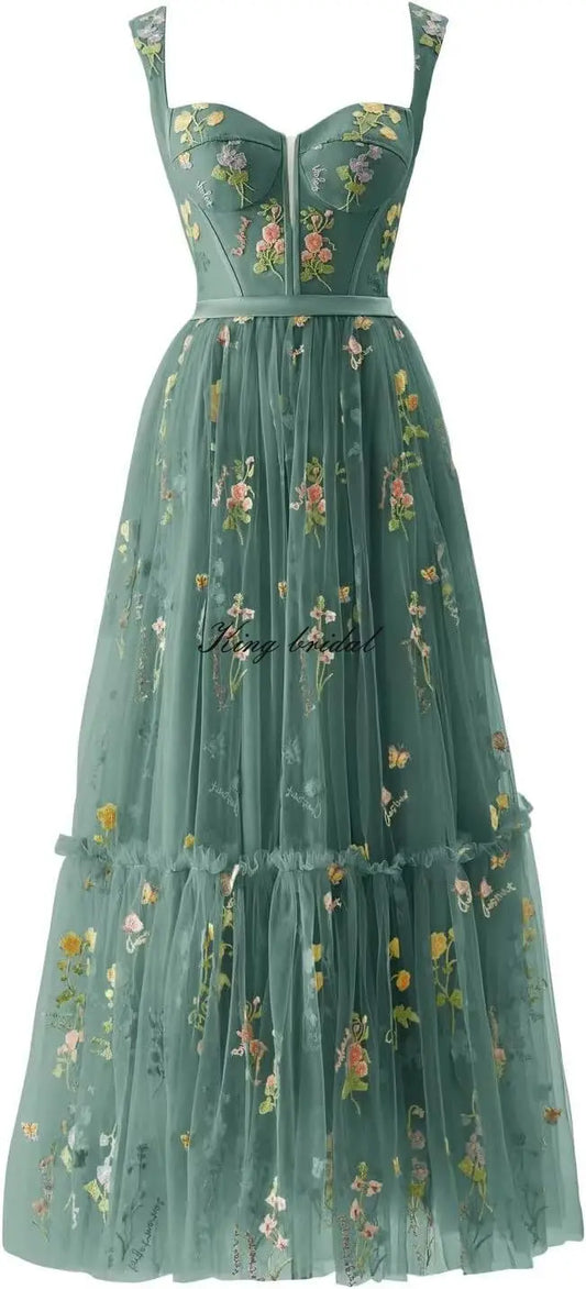 Custom Made Women's Flower Embroidery Tulle Prom Dresses Tea Length Corset A Line Fairy Formal Evening Party Gown Bridesmaid