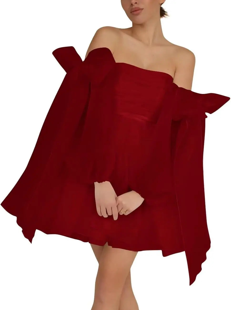 Vestidos de fiesta de organza con hombros descubiertos y lazo, de manga larga, para graduación, de corte A, formales, para cóctel o fiesta. 