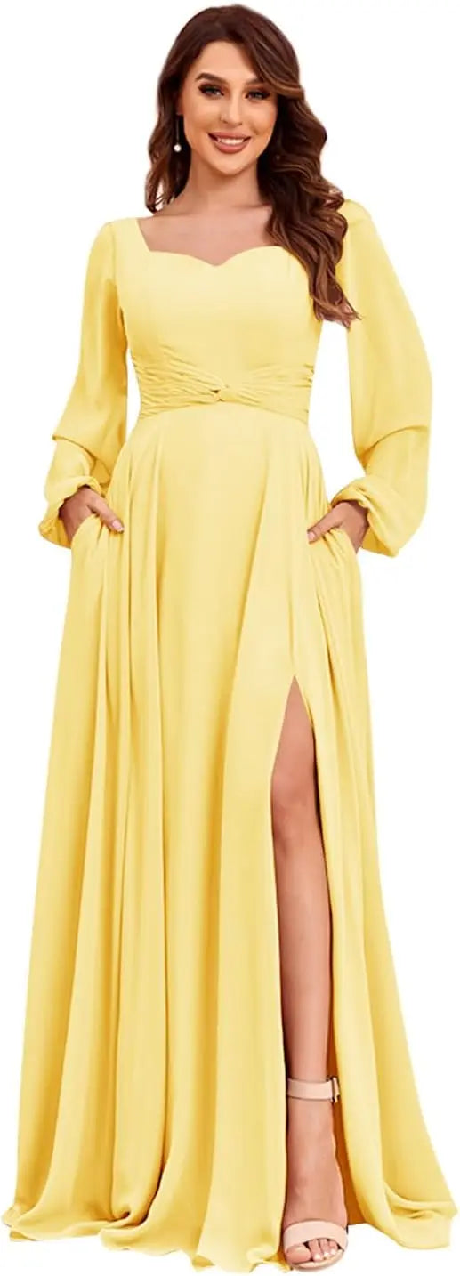 Damen Langarm Brautjungfernkleider mit Taschen Split Plissee Chiffon Formales Abendkleid Partykleid formelles Kleid Frauen elegant 