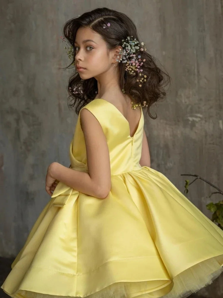 Pink Tulle Satin With Bow Sleeveless For Wedding Birthday Party Banquet First Communion Gowns Flower Girl Dresses