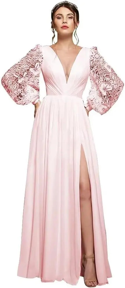 Langärmliges Brautjungfernkleid, Chiffon, Ballkleid, langes Hochzeitskleid mit Spitzenapplikation, V-Ausschnitt, formelle Kleider mit Schlitz 