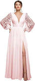 Langärmliges Brautjungfernkleid, Chiffon, Ballkleid, langes Hochzeitskleid mit Spitzenapplikation, V-Ausschnitt, formelle Kleider mit Schlitz 