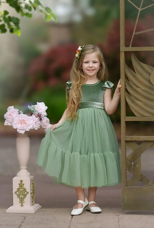 Sage green velvet and tulle flower girl dress, Boho  toddler flower girl dress, Velvet girls dress, Boho Wedding dress