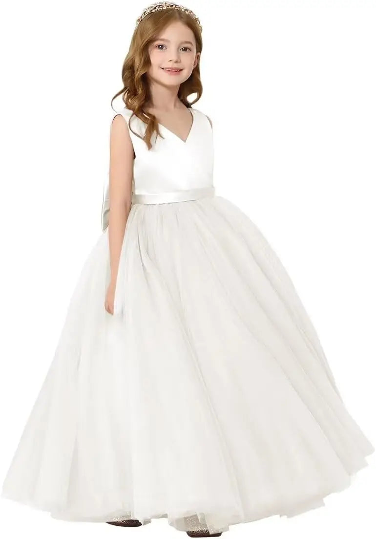 Satin Tulle Flower Girl Tutu Dress for Wedding Formal Holiday First Communion Dress with Bow pageant princess dresses for girls