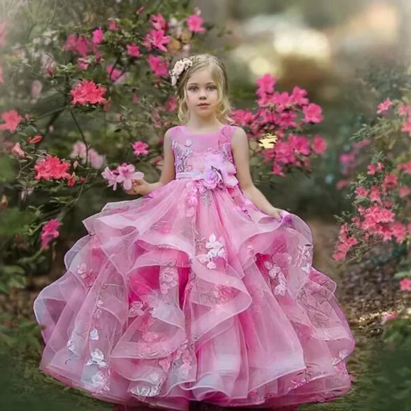 3D Floral Appliques Floor Length Girl Kids Birthday Party First Holy Communion Gown Ruffles Flower Girl Dresses for Wedding