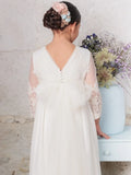 Weiße Satin-Spitzenapplikationen mit Schleife, 3/4-Ärmel für Hochzeit, Geburtstag, Party, Bankett, Prinzessinnenkleider, Blumenmädchenkleider 