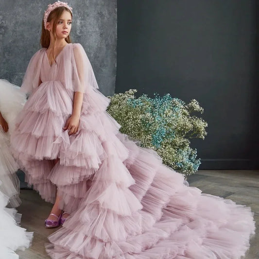 Vestidos de princesa de tul blanco y rosa con capas y cola larga de manga corta para bodas, fiestas de cumpleaños, banquetes, vestidos de niña de las flores. 