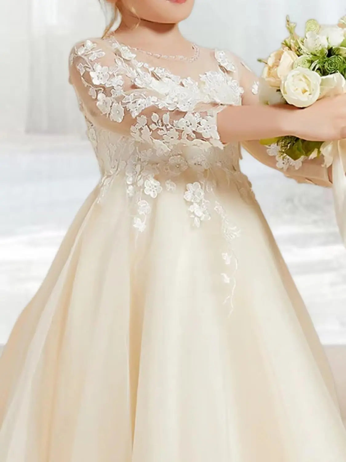 Elegantes Blumenmädchenkleid aus Tüll in A-Linie mit Applikationen, Erstkommunionkleider mit Ärmeln, Festzugs-Prinzessinnen-Partykleider 