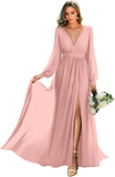 Long Sleeve Bridesmaid Dresses with Slit Pleated Wedding Party Gowns V Neck Chiffon Long Formal Dress evening dress