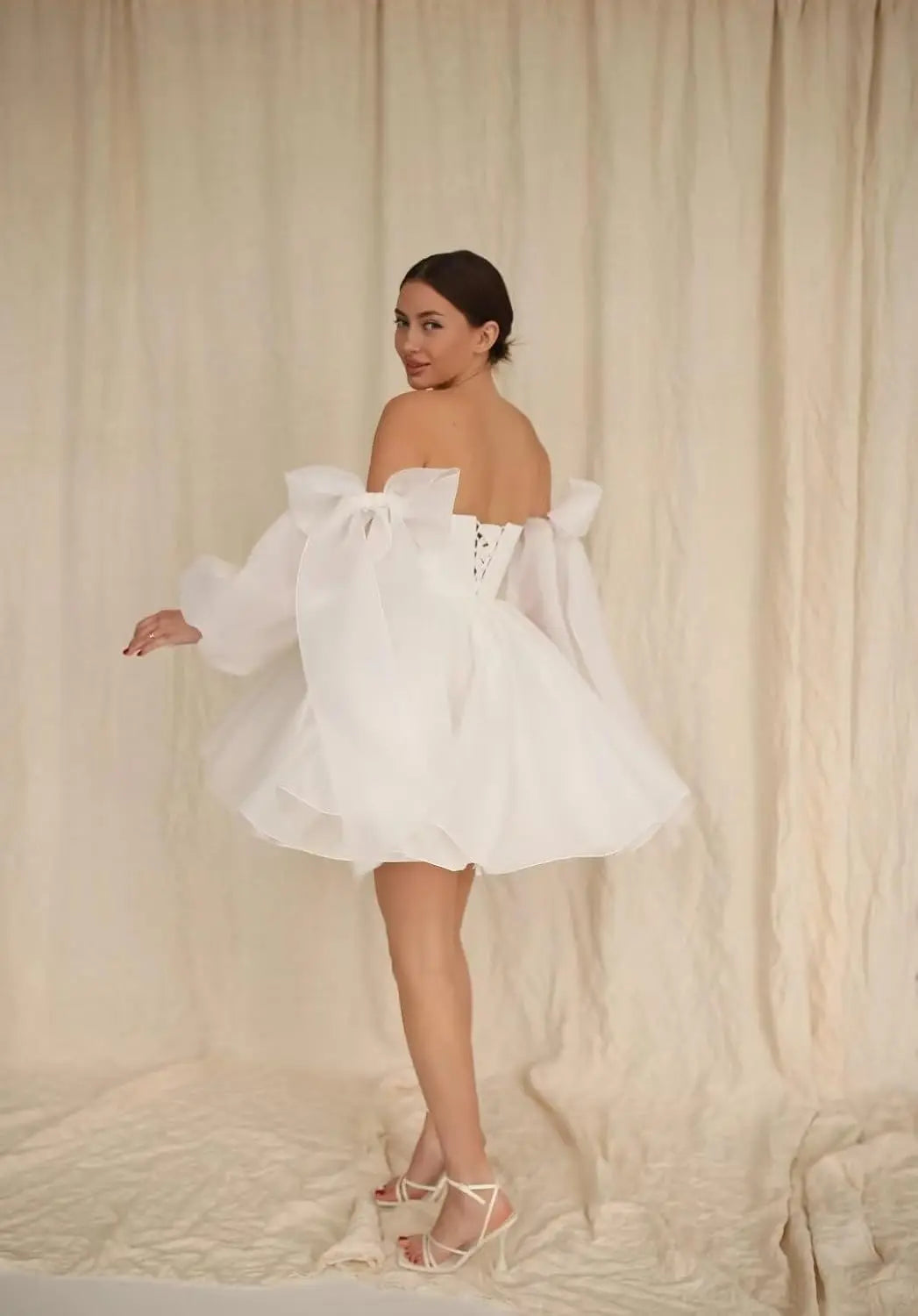 Vestidos de fiesta de organza con hombros descubiertos y lazo, de manga larga, para graduación, de corte A, formales, para cóctel o fiesta. 