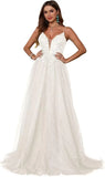 Glitzerndes Tüll-Ballkleid für Damen, Spaghettiträger, tiefer V-Ausschnitt, Spitzenapplikationen, Ballkleid, langes A-Linien-Abendkleid 